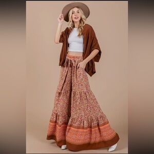 ShopEvelynne Boho Tiered Wide Leg Floral Pants in Rust and Pink